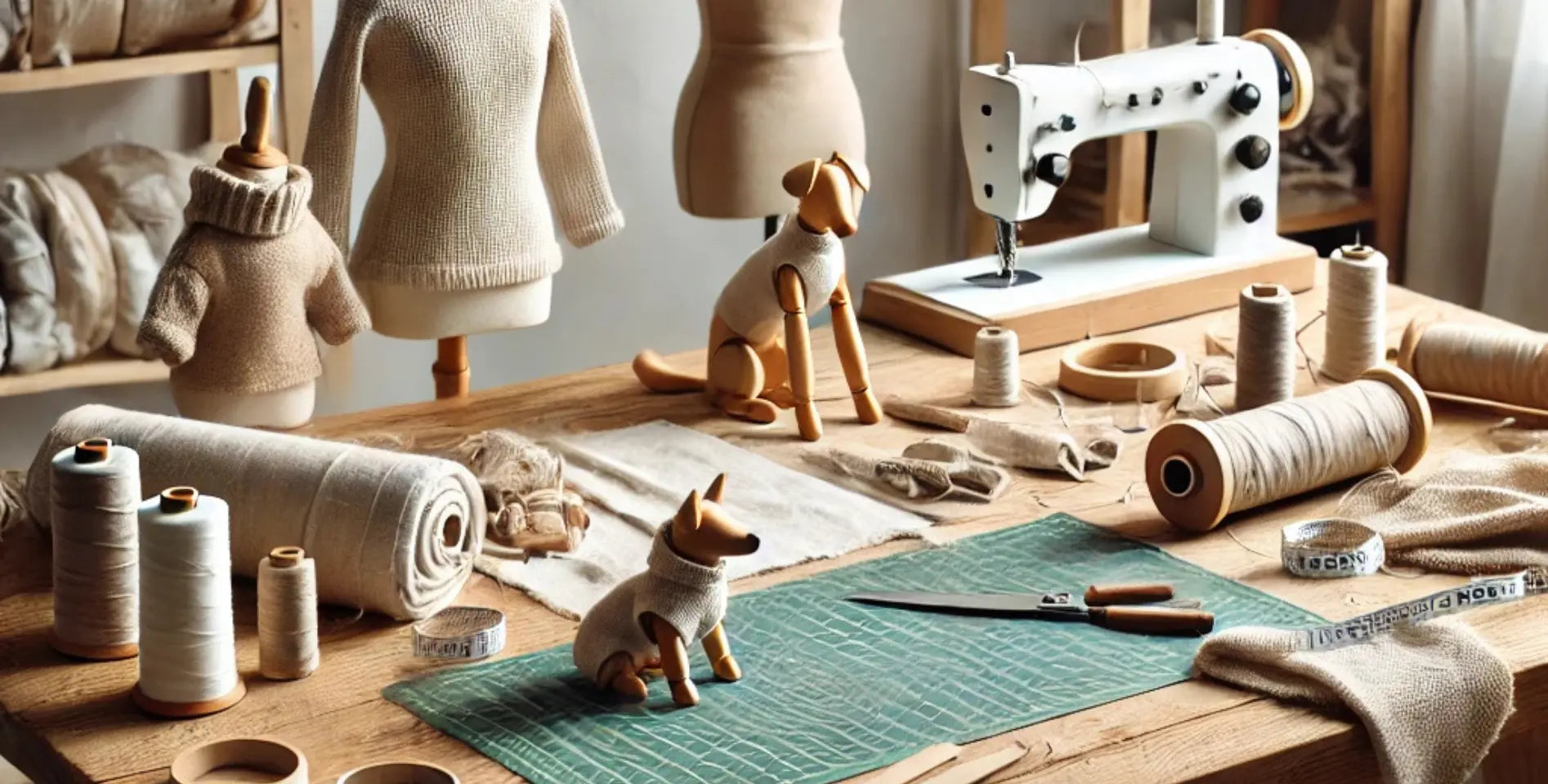 A minimalist fabric workshop specializing in crafting dog clothes, featuring a wooden work table with natural raw cotton, fabric rolls, and sewing tools. The bright, neutral setting highlights the eco-friendly, artisanal craftsmanship.